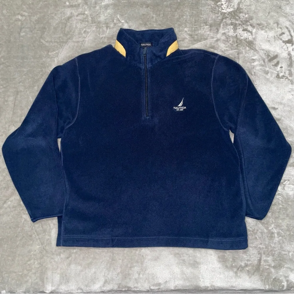 Vintage Nautica Navy Yellow Quarter Zip Fleece Pullover Sweater XXL